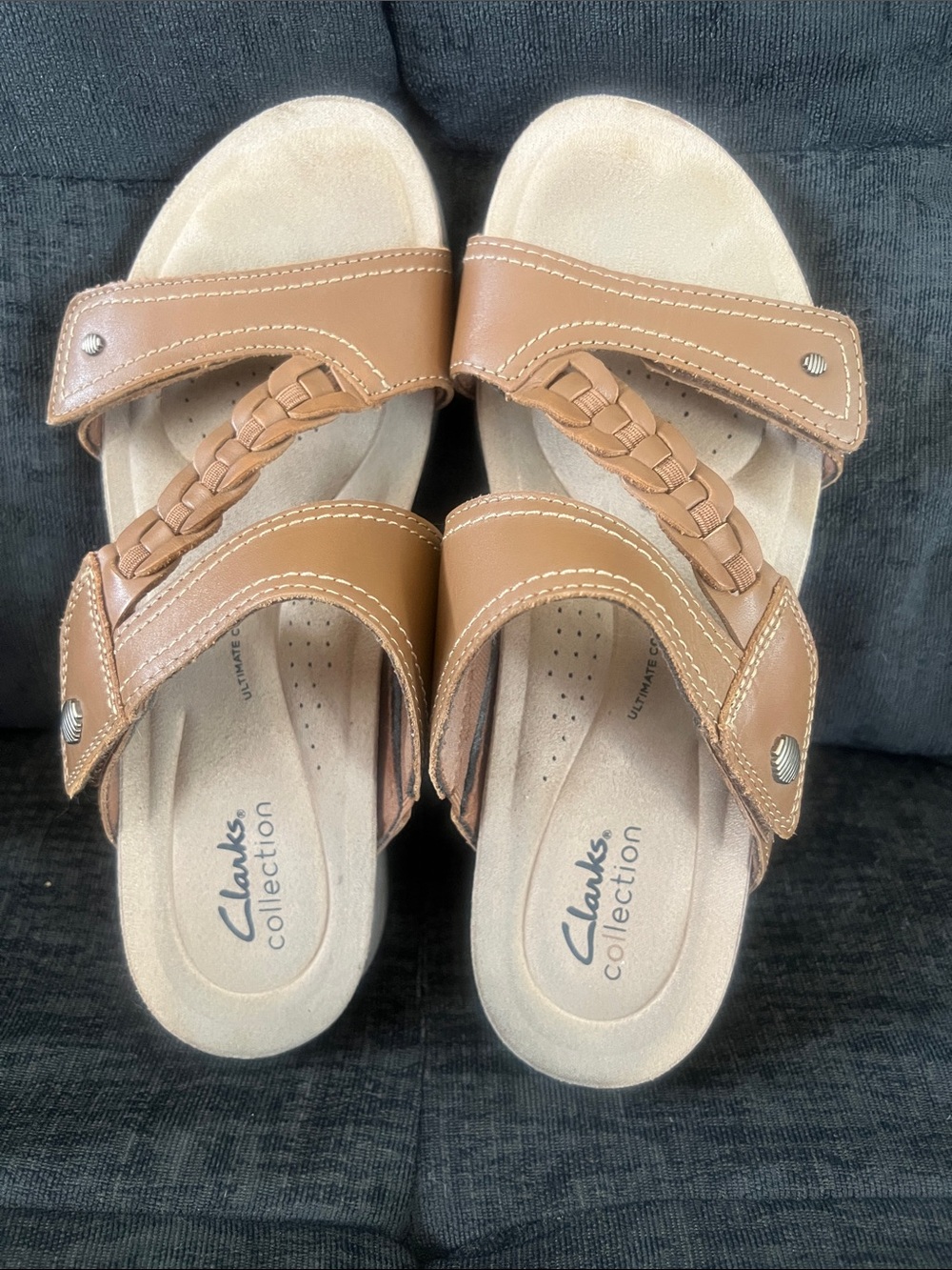 Clarks Tan Braided Leather Strap Slide Sandals “April Raelyn” size 9